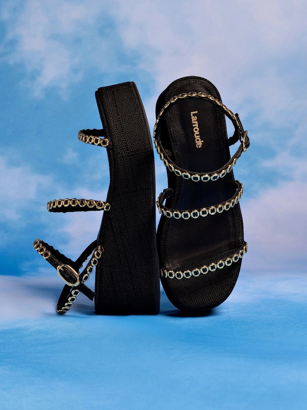 Larroude Platform Sandals with Gold Chain Trim